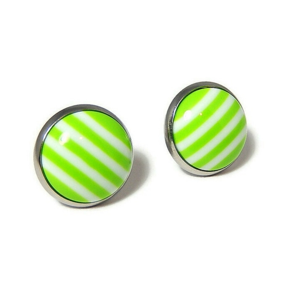 Green Striped Stud Earrings 14mm